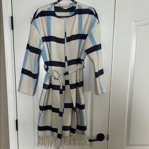 LOFT Cream and Navy and light blue Plaid Coat